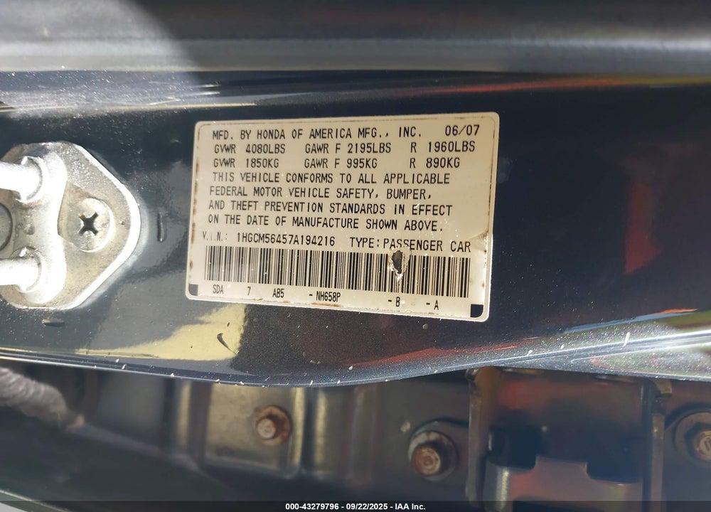 2007 HONDA ACCORD 2.4 LX VIN: 1HGCM56457A194216