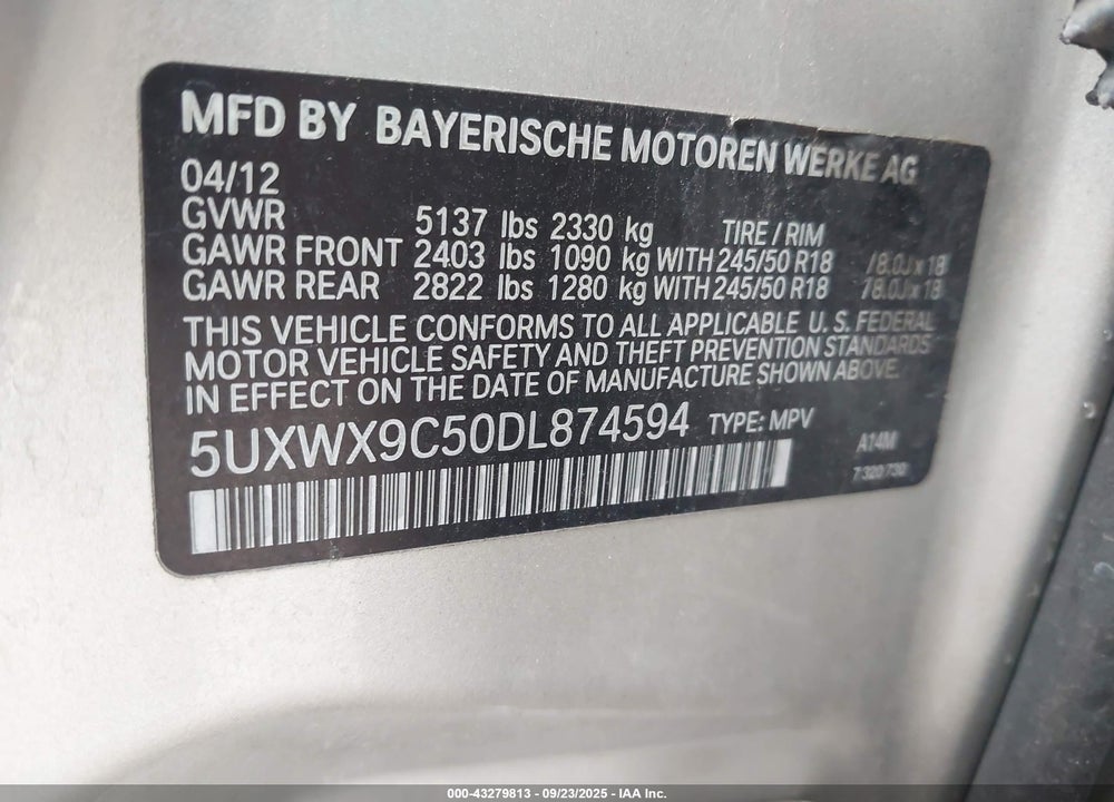 2013 BMW X3 VIN: 5UXWX9C50DL874594