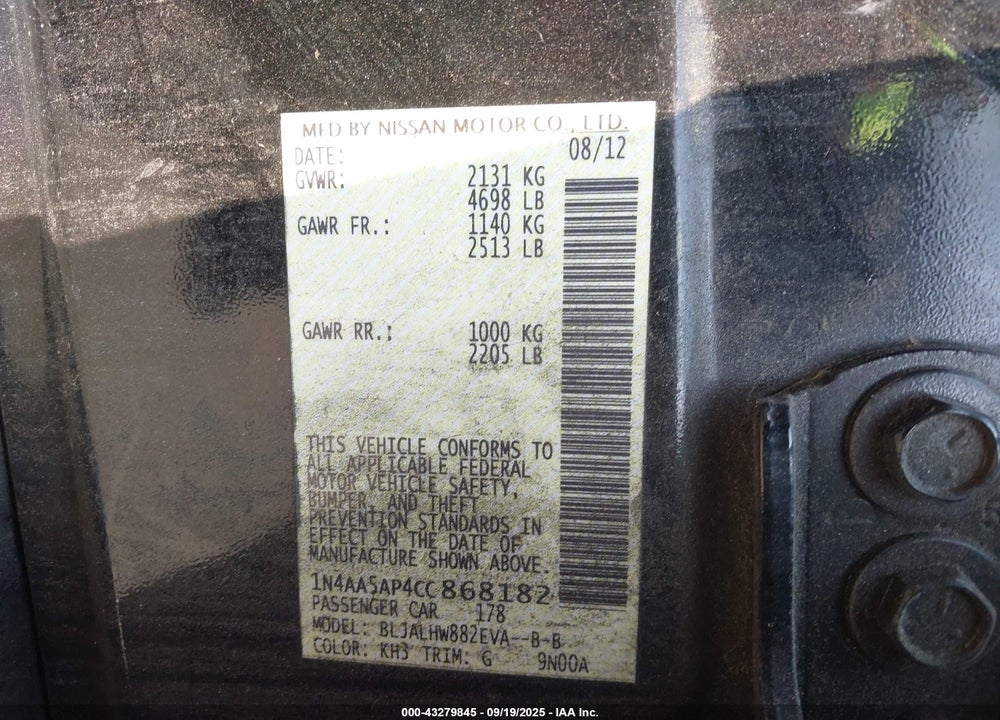 2012 NISSAN MAXIMA VIN: 1N4AA5AP4CC868182