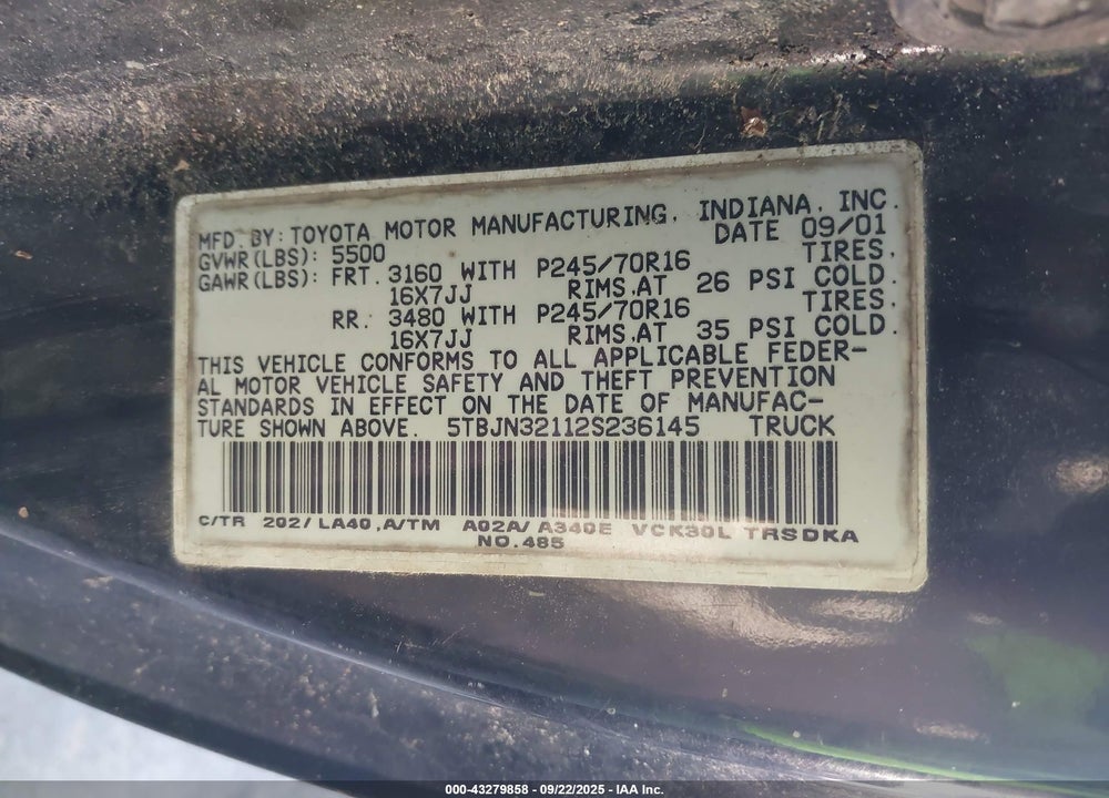 2002 TOYOTA TUNDRA VIN: 5TBJN32112S236145