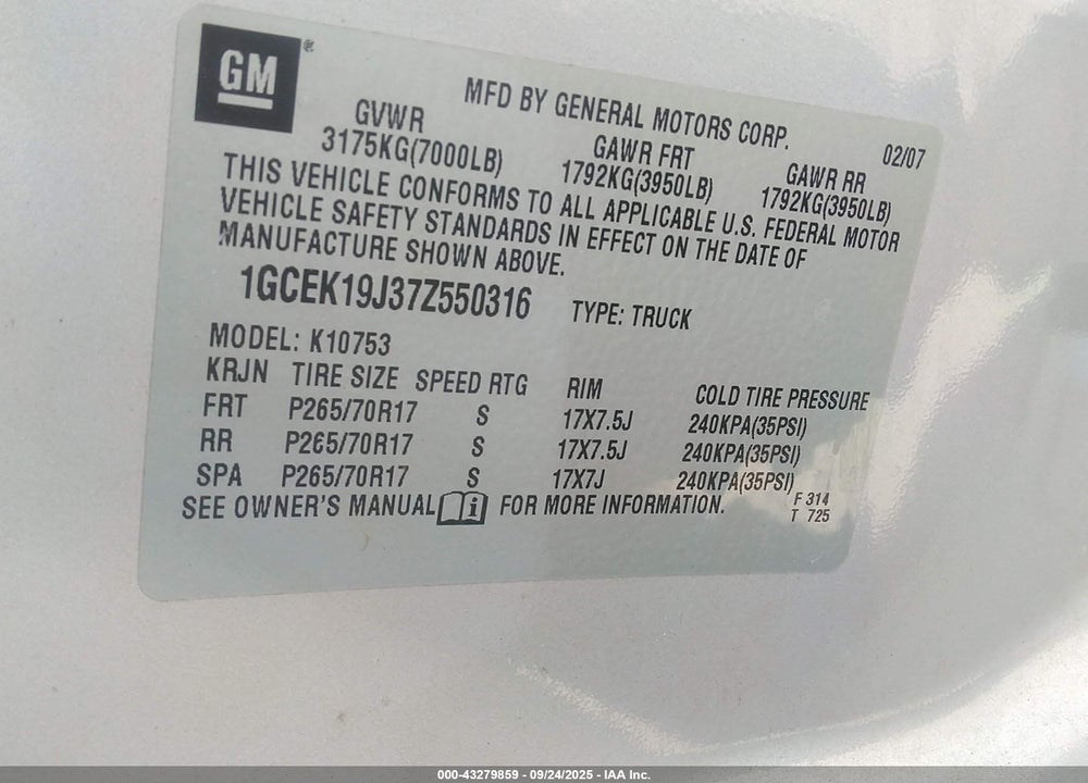 2007 CHEVROLET SILVERADO LTZ VIN: 1GCEK19J37Z550316