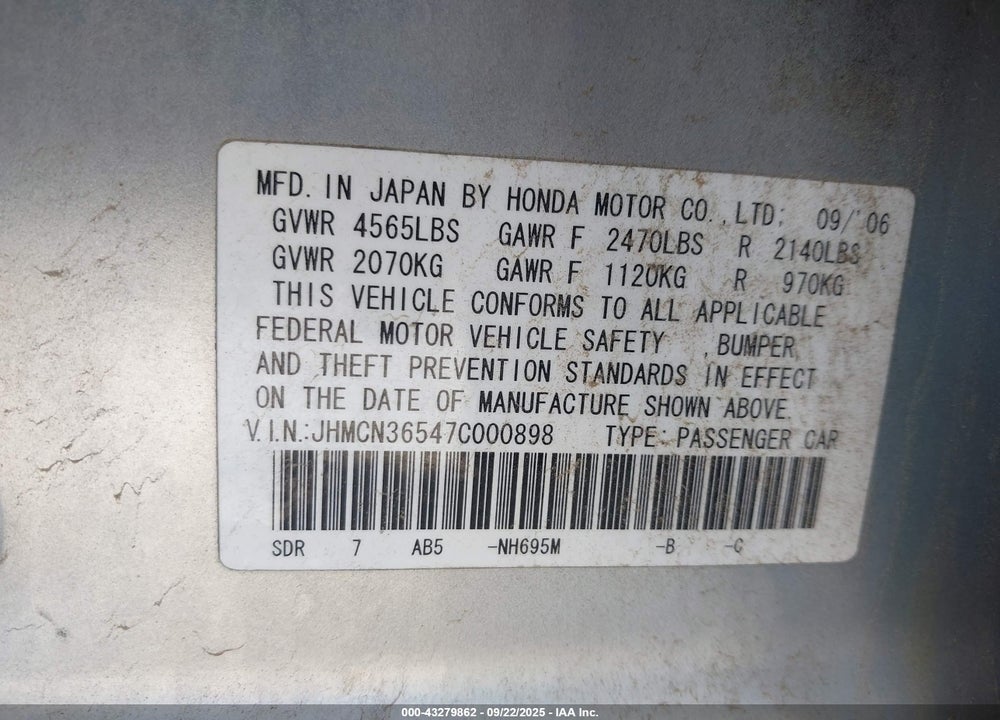2007 HONDA ACCORD HYBRID VIN: JHMCN36547C000898