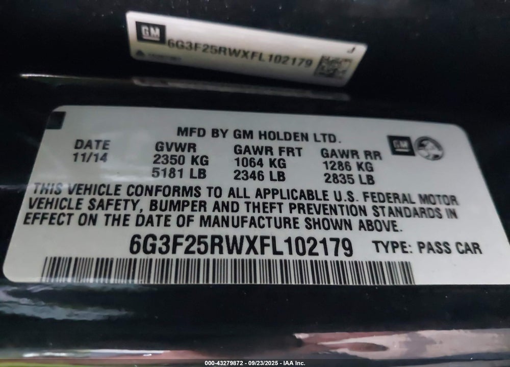2015 CHEVROLET SS VIN: 6G3F25RWXFL102179