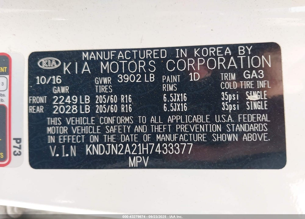 2017 KIA SOUL VIN: KNDJN2A21H7433377