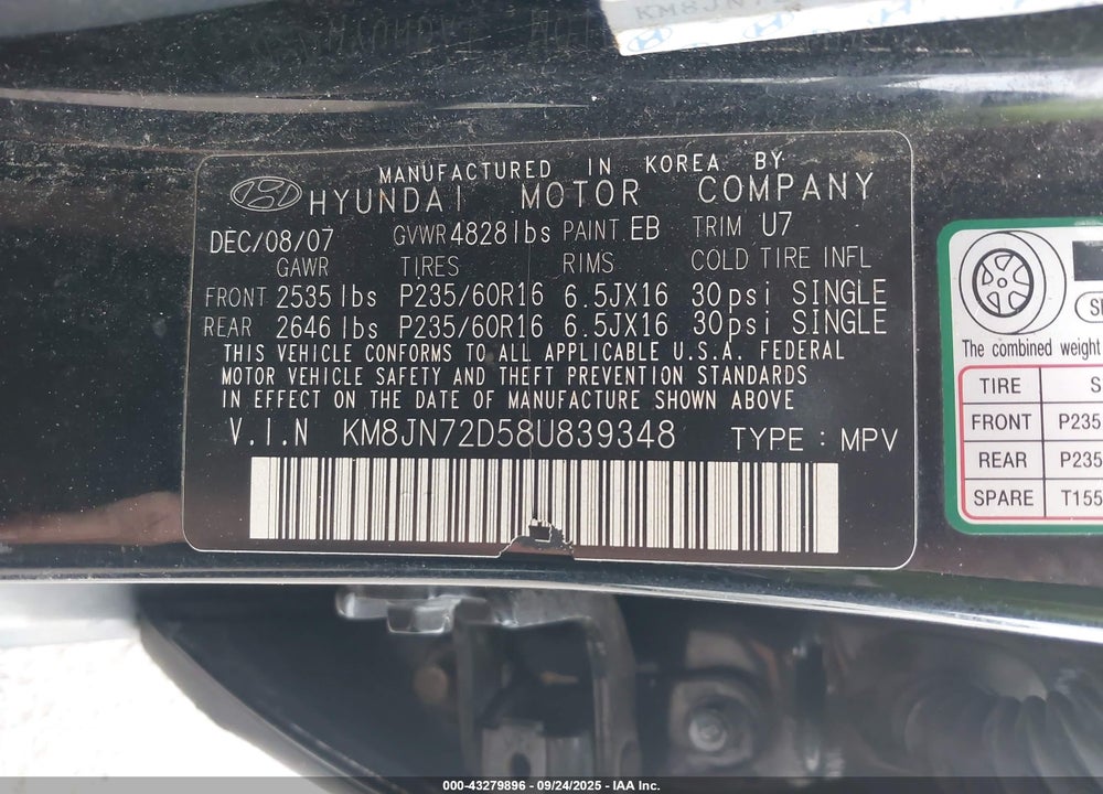 2008 HYUNDAI TUCSON LIMITED V6/SE VIN: KM8JN72D58U839348
