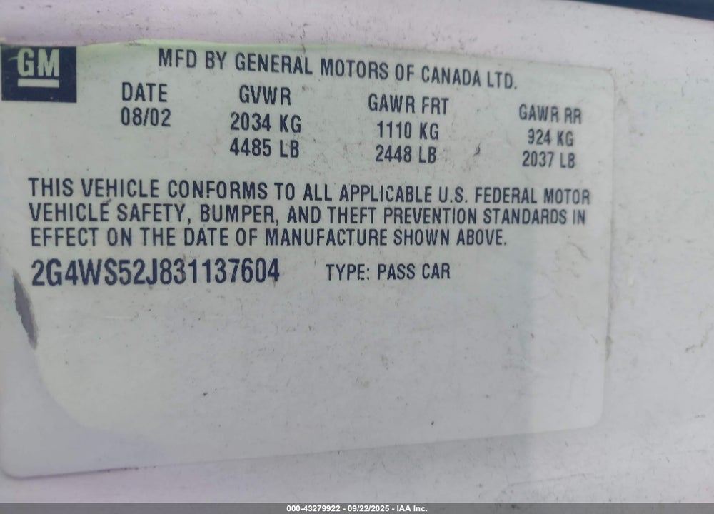 2003 BUICK CENTURY CUSTOM VIN: 2G4WS52J831137604