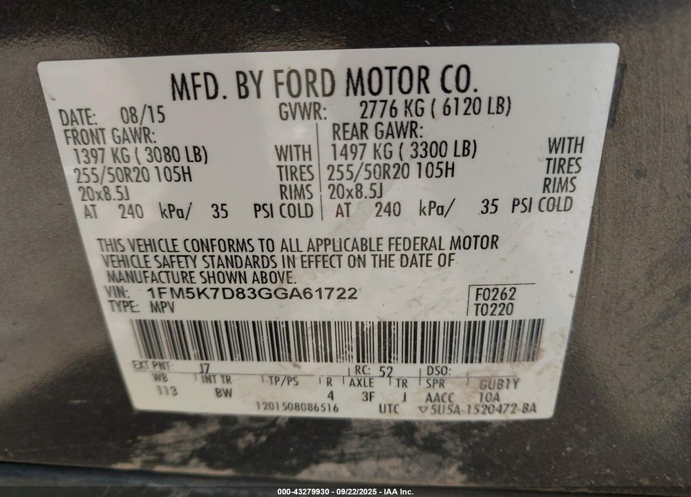 2016 FORD EXPLORER VIN: 1FM5K7D83GGA61722