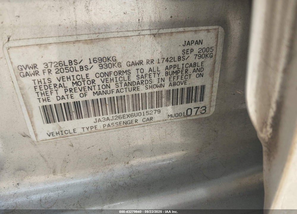 2006 MITSUBISHI LANCER ES/SE VIN: JA3AJ26EX6U015279