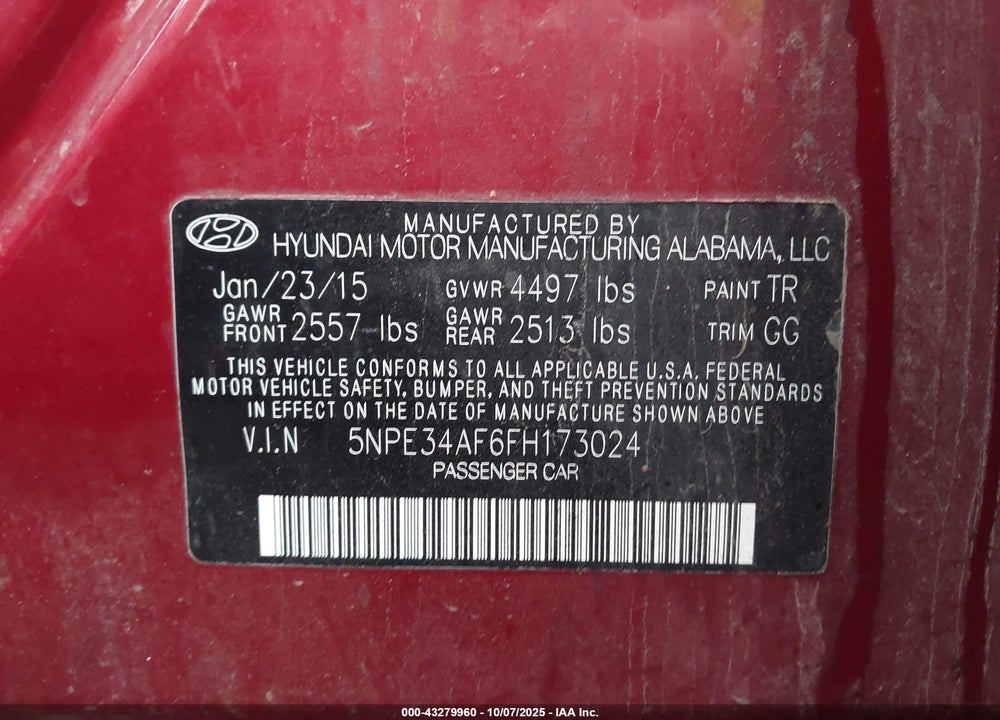 2015 HYUNDAI SONATA VIN: 5NPE34AF6FH173024