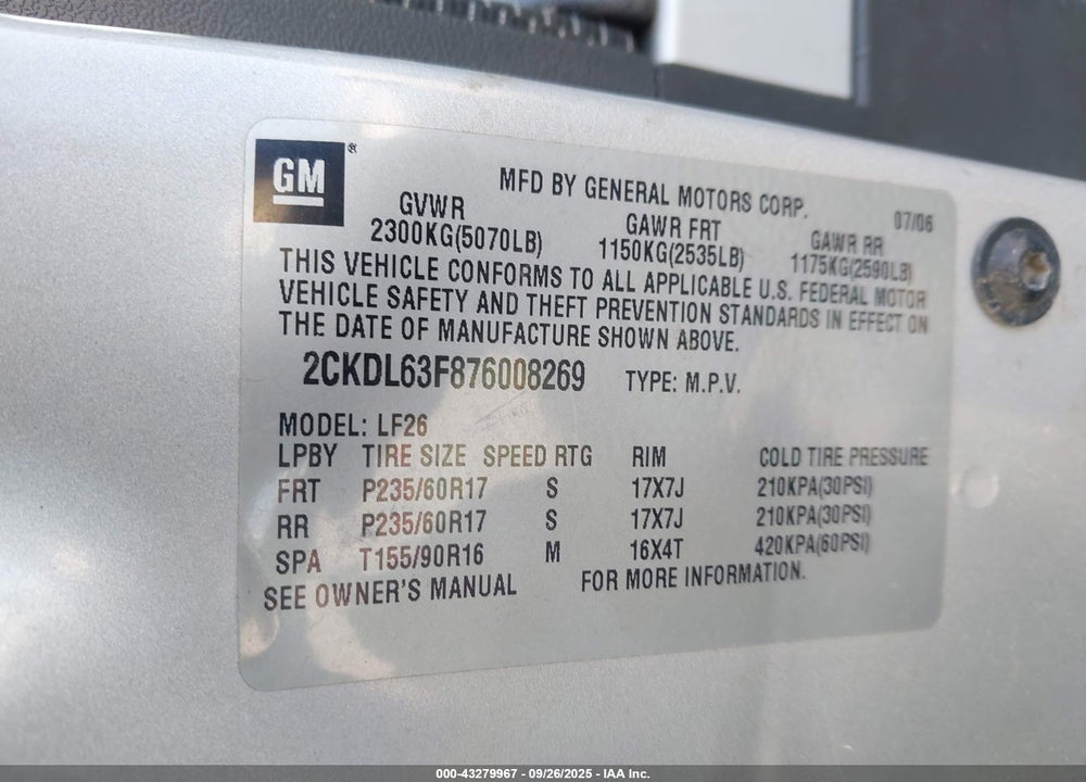 2007 PONTIAC TORRENT VIN: 2CKDL63F876008269