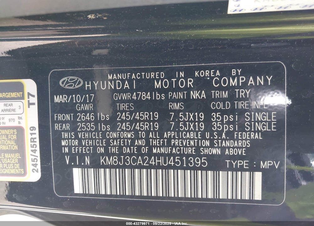 2017 HYUNDAI TUCSON VIN: KM8J3CA24HU451395