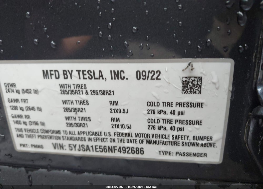 2022 TESLA MODEL S VIN: 5YJSA1E56NF492686