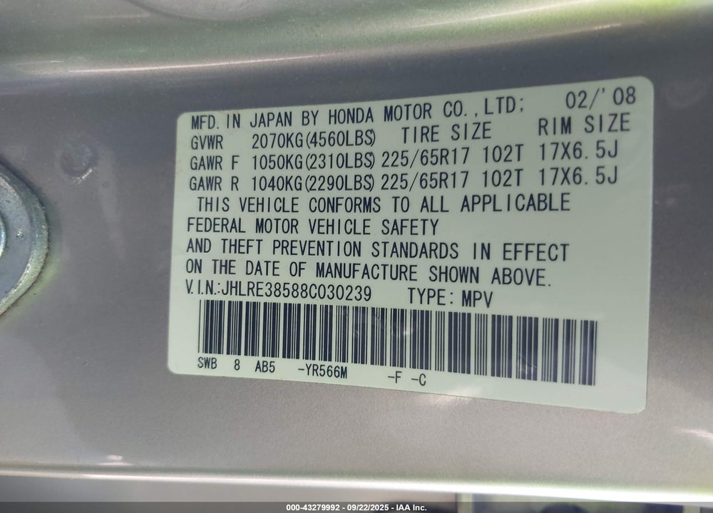 2008 HONDA CR-V VIN: JHLRE38588C030239