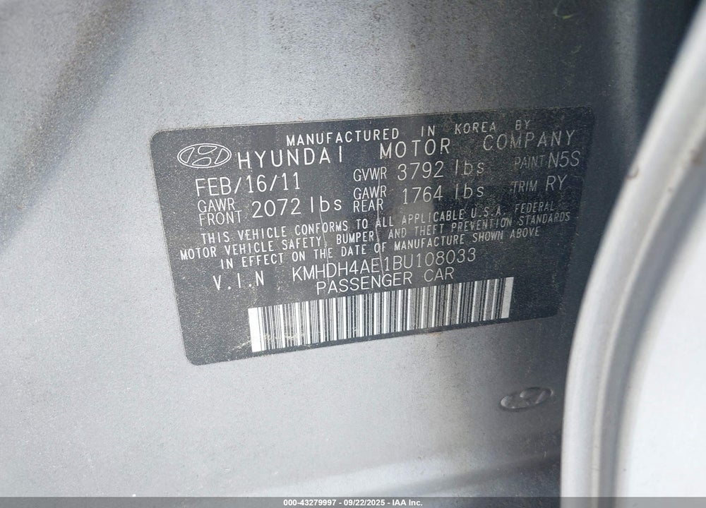 2011 HYUNDAI ELANTRA LIMITED (ULSAN PLANT) VIN: KMHDH4AE1BU108033