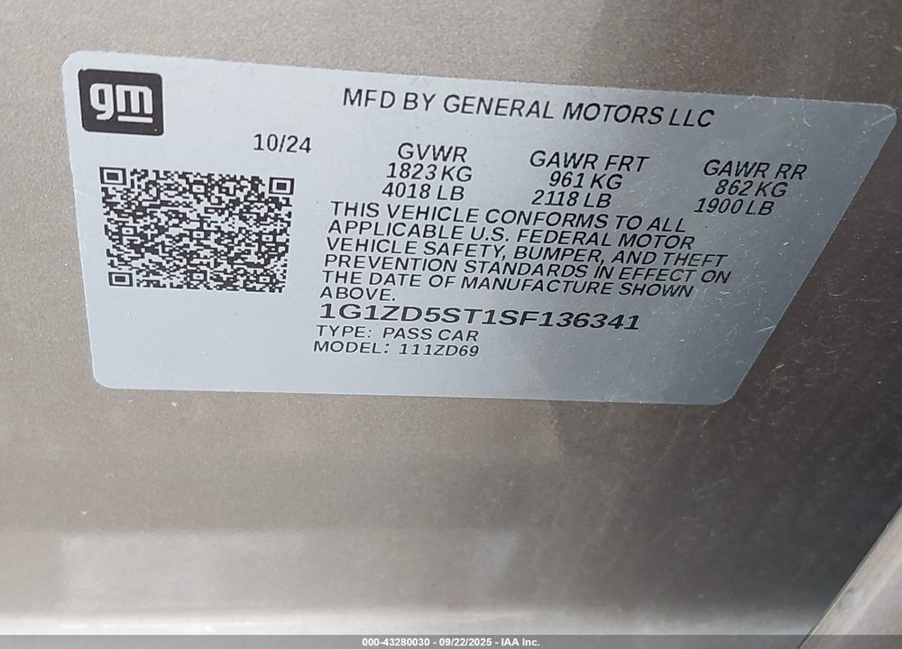 2025 CHEVROLET MALIBU VIN: 1G1ZD5ST1SF136341