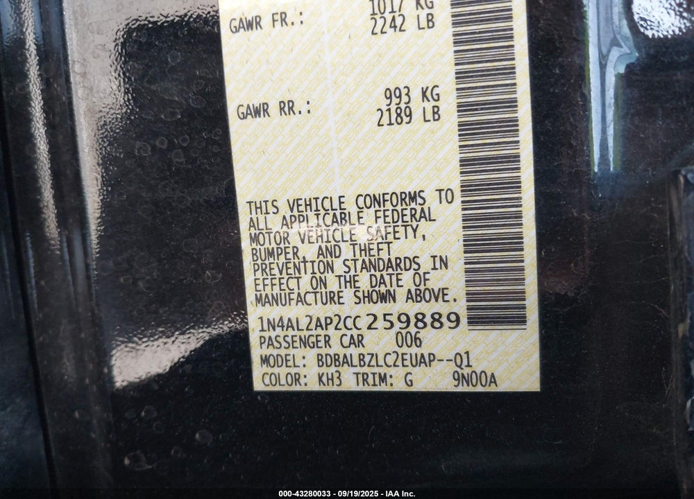 2012 NISSAN ALTIMA 2.5 S VIN: 1N4AL2AP2CC259889