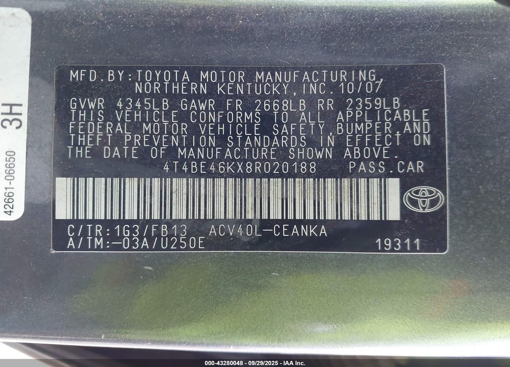 2008 TOYOTA CAMRY VIN: 4T4BE46KX8R020188