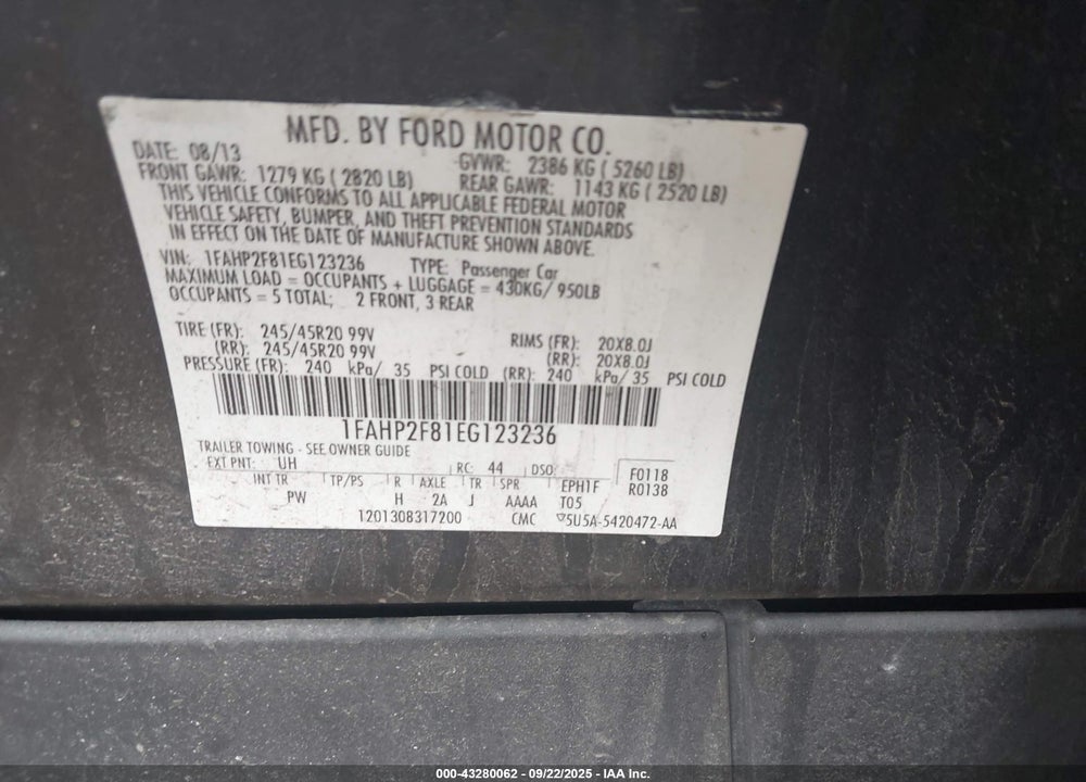 2014 FORD TAURUS LIMITED VIN: 1FAHP2F81EG123236