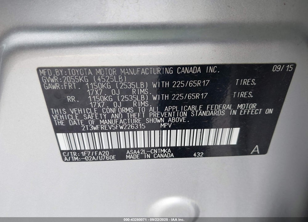 2015 TOYOTA RAV4 XLE VIN: 2T3WFREV5FW226315