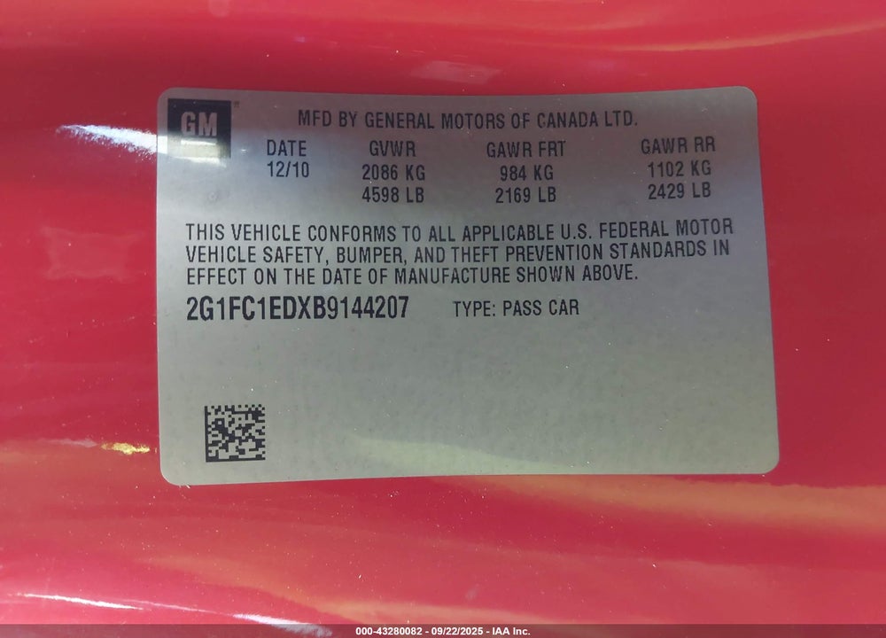 2011 CHEVROLET CAMARO VIN: 2G1FC1EDXB9144207