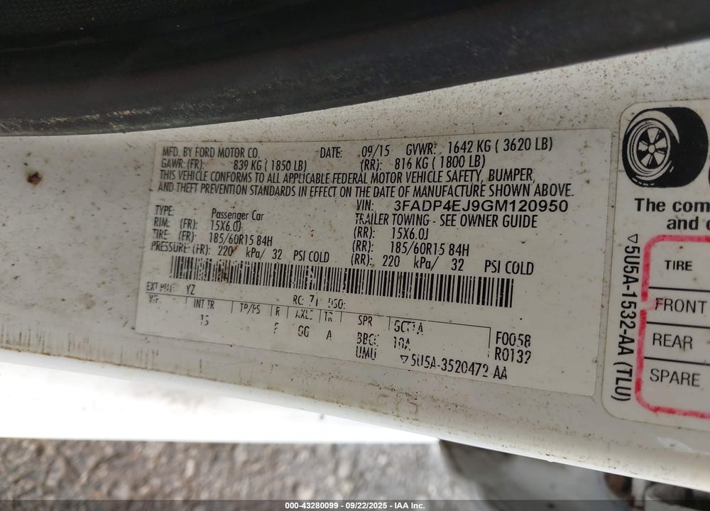 2016 FORD FIESTA VIN: 3FADP4EJ9GM120950