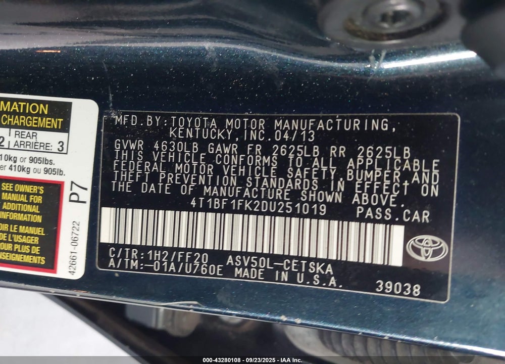 2013 TOYOTA CAMRY VIN: 4T1BF1FK2DU251019