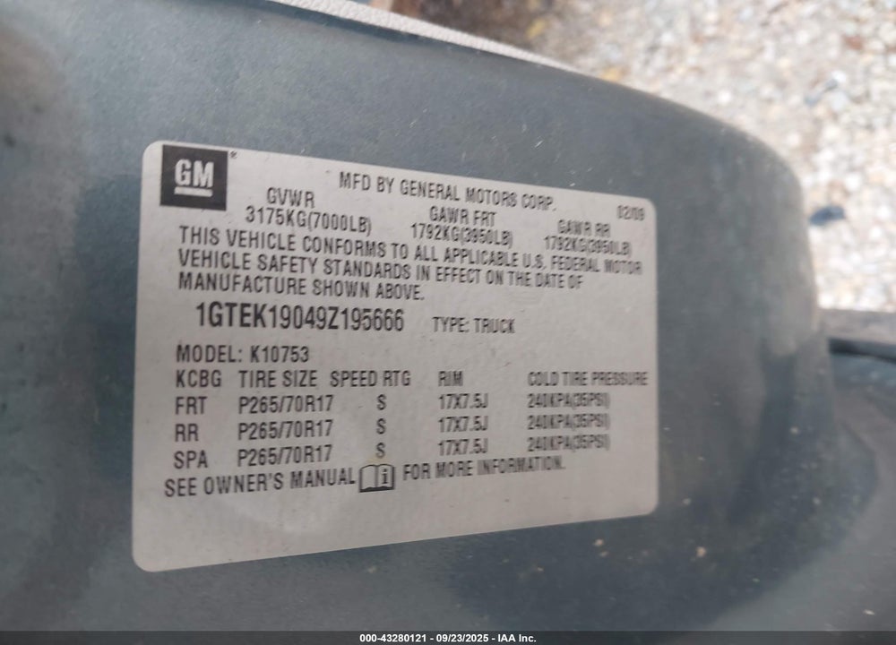 2009 GMC SIERRA 1500 VIN: 1GTEK19049Z195666