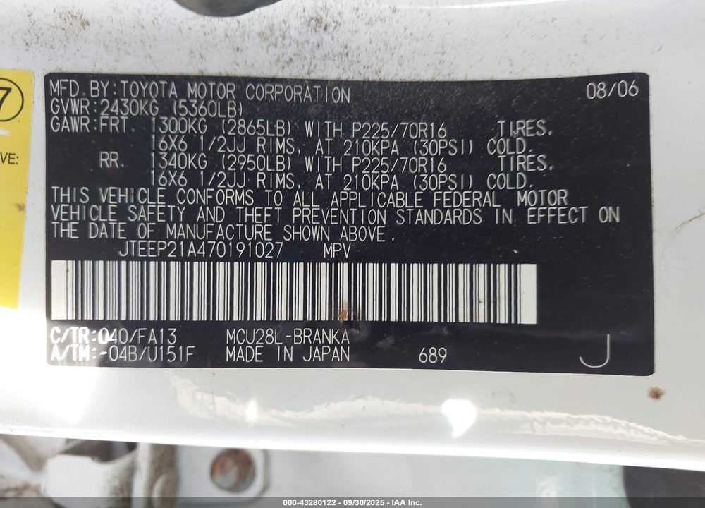 2007 TOYOTA HIGHLANDER VIN: JTEEP21A470191027