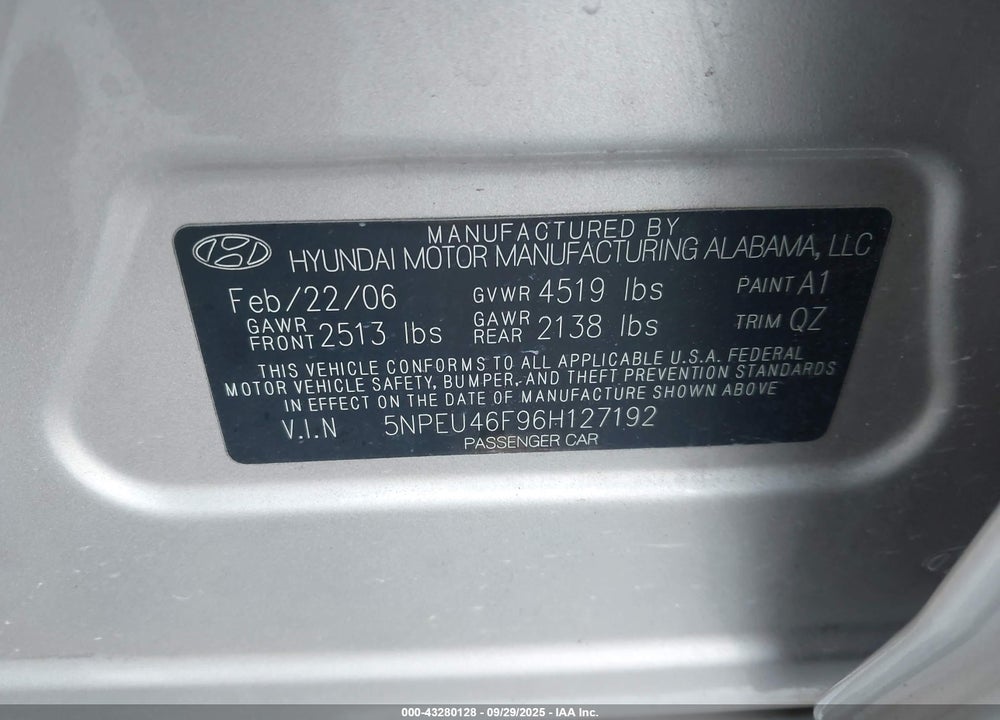 2006 HYUNDAI SONATA GLS V6/LX V6 VIN: 5NPEU46F96H127192