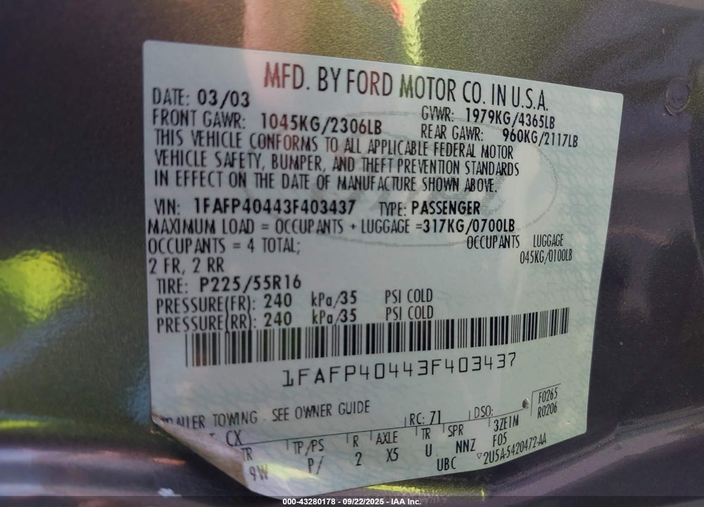 2003 FORD MUSTANG VIN: 1FAFP40443F403437