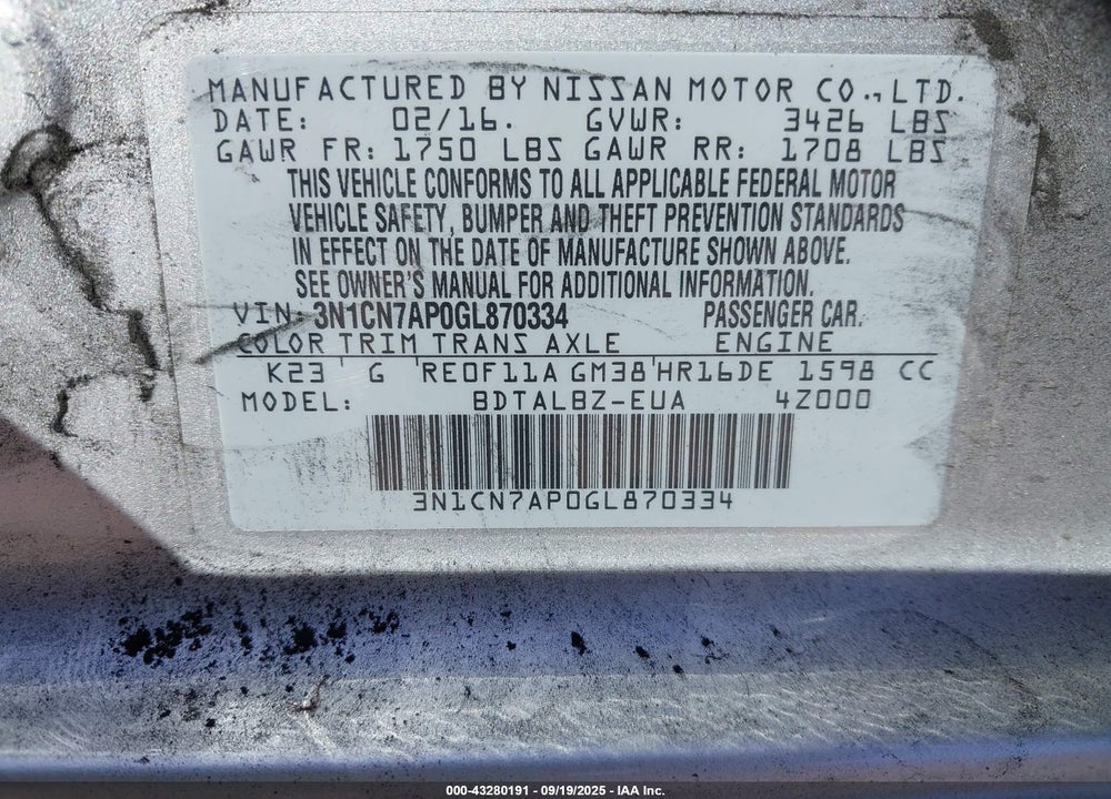 2016 NISSAN VERSA 1.6 S/1.6 S+/1.6 SL/1.6 SV VIN: 3N1CN7AP0GL870334