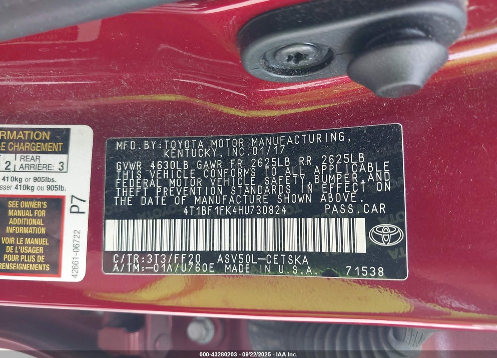 2017 TOYOTA CAMRY VIN: 4T1BF1FK4HU730824