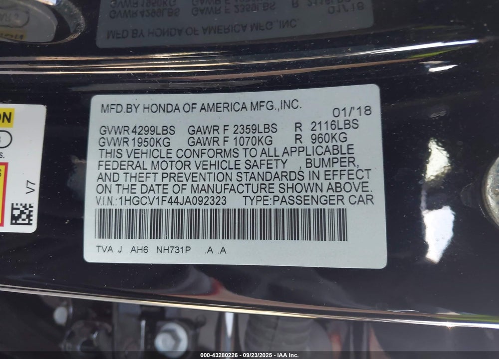 2018 HONDA ACCORD EX VIN: 1HGCV1F44JA092323