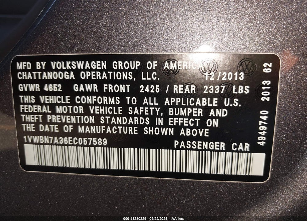 2014 VOLKSWAGEN PASSAT 2.0L TDI SE VIN: 1VWBN7A36EC057589