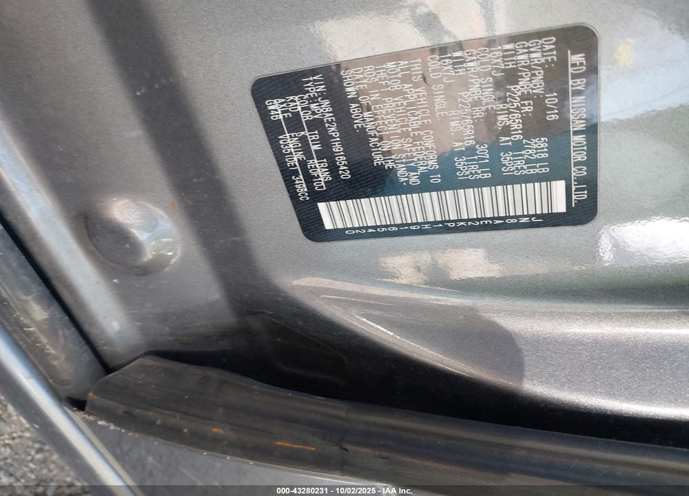 2017 NISSAN QUEST SV VIN: JN8AE2KP1H9165420