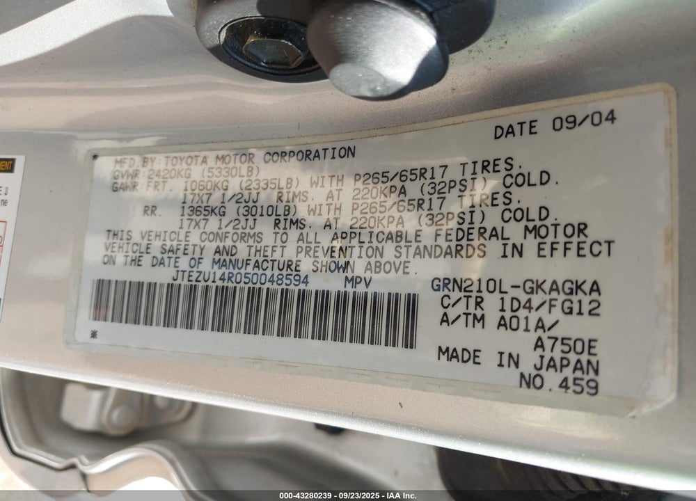 2005 TOYOTA 4RUNNER SR5 V6 VIN: JTEZU14R050048594