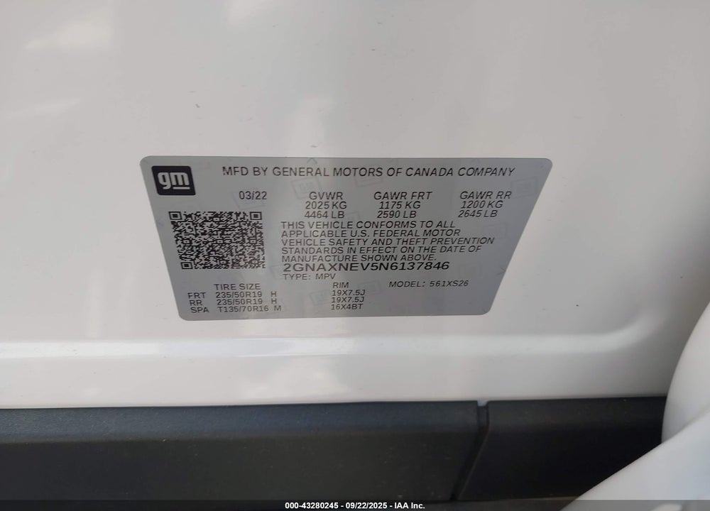 2022 CHEVROLET EQUINOX FWD PREMIER VIN: 2GNAXNEV5N6137846