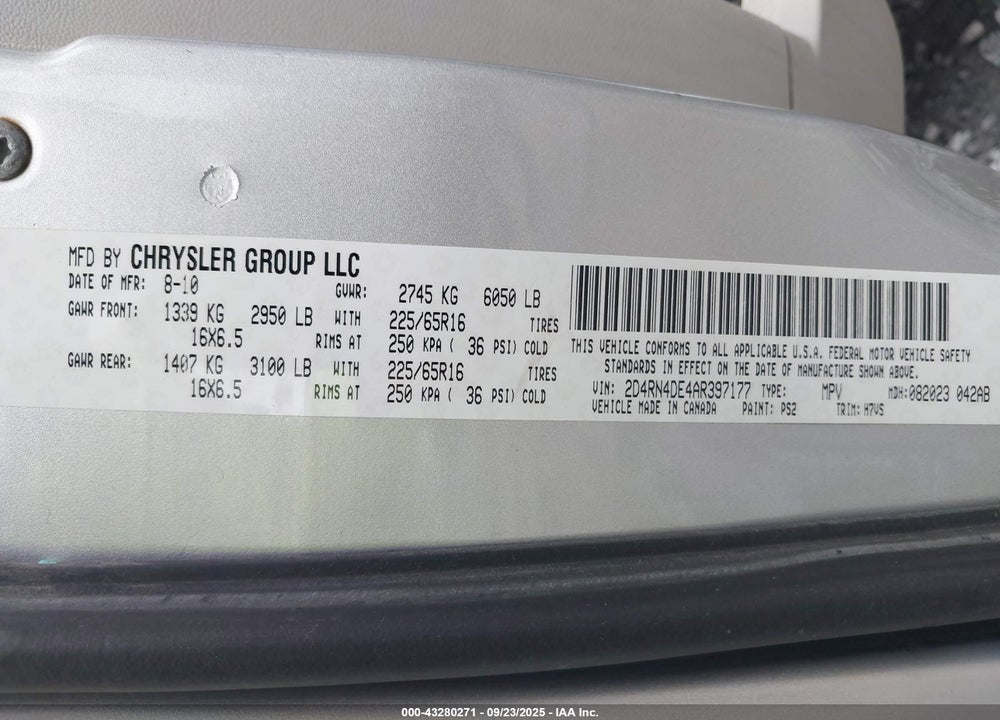 2010 DODGE GRAND CARAVAN VIN: 2D4RN4DE4AR397177