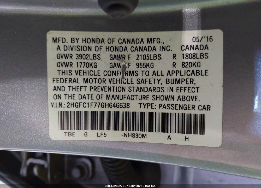 2016 HONDA CIVIC VIN: 2HGFC1F77GH646638