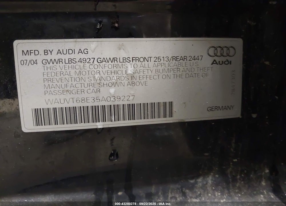 2005 AUDI A4 3.0 AVANT VIN: WAUVT68E35A039227