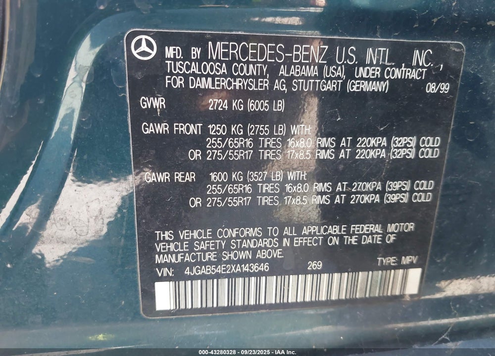 1999 MERCEDES-BENZ ML 320 VIN: 4JGAB54E2XA143646