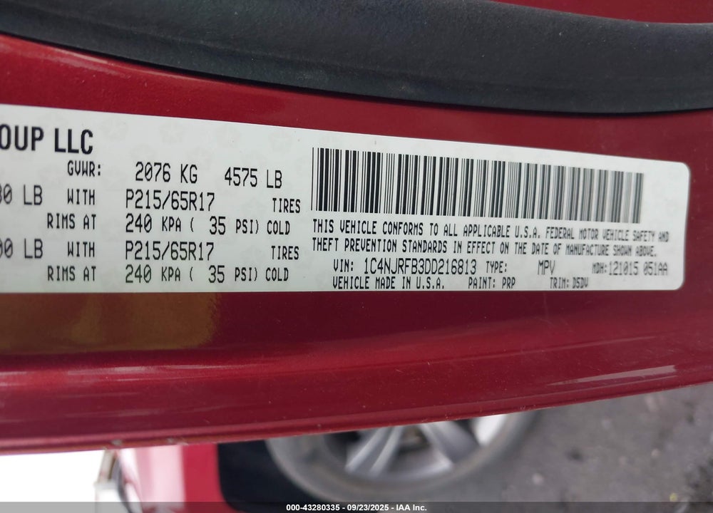 2013 JEEP PATRIOT VIN: 1C4NJRFB3DD216813