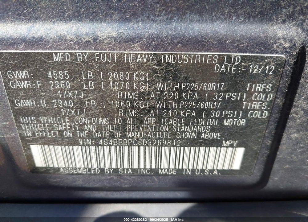 2013 SUBARU OUTBACK VIN: 4S4BRBPC8D3269812