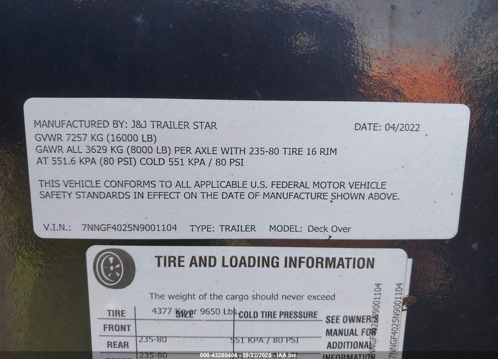 2022 J&J TRAILER STAR FLAT BED VIN: 7NNGF4025N9001104