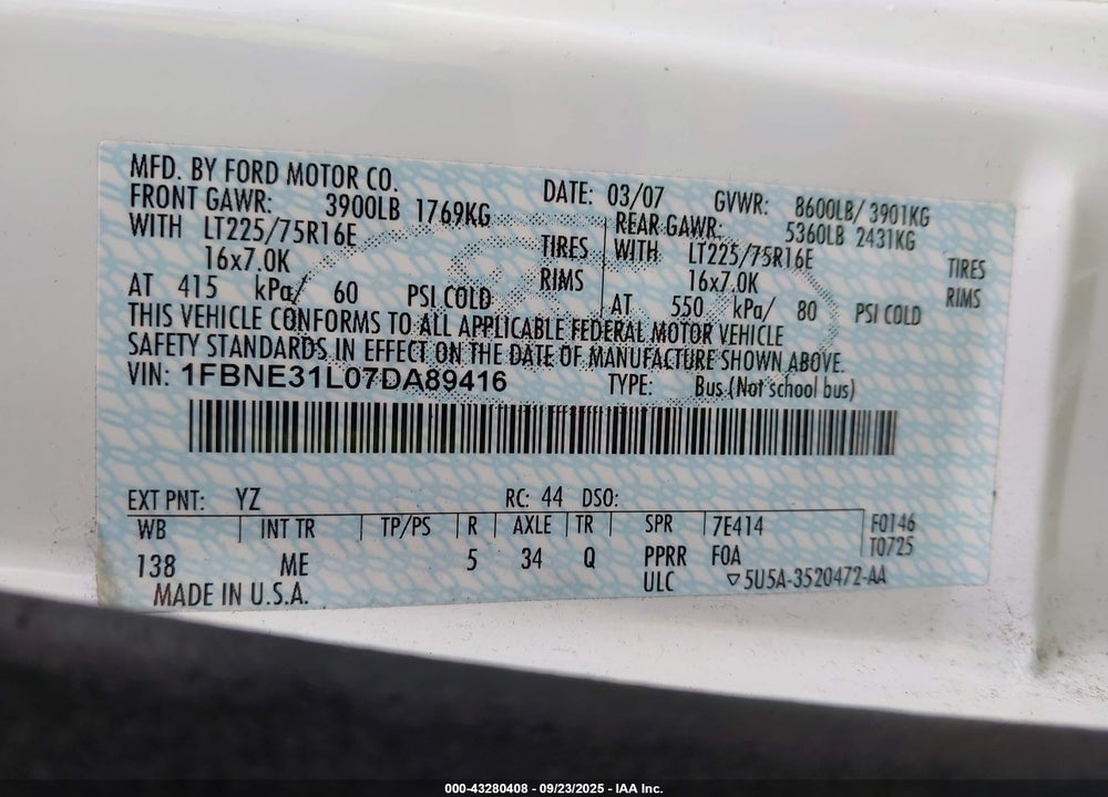 2007 FORD E-350 SUPER DUTY XL/XLT VIN: 1FBNE31L07DA89416