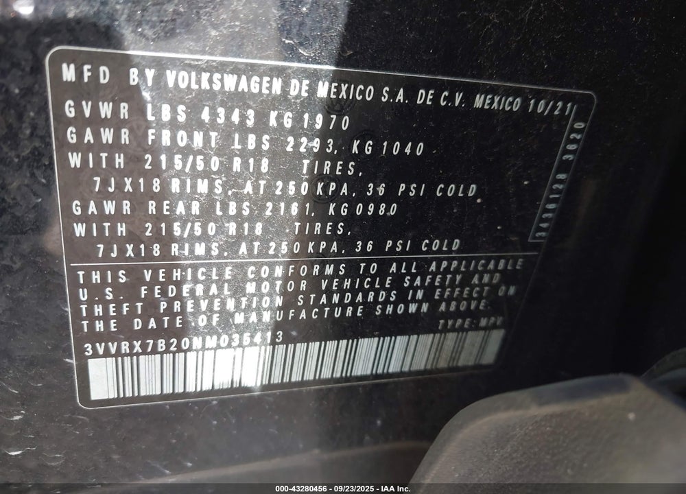 2022 VOLKSWAGEN TAOS VIN: 3VVRX7B20NM035413