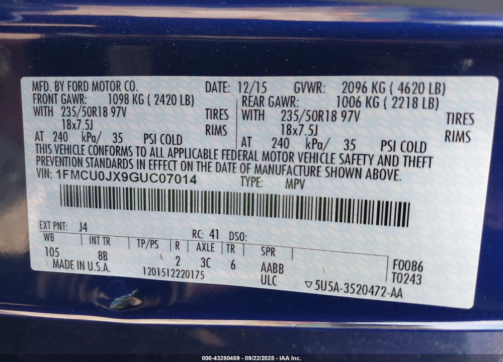 2016 FORD ESCAPE VIN: 1FMCU0JX9GUC07014