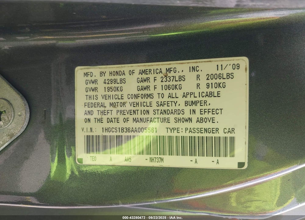 2010 HONDA ACCORD VIN: 1HGCS1B36AA005561