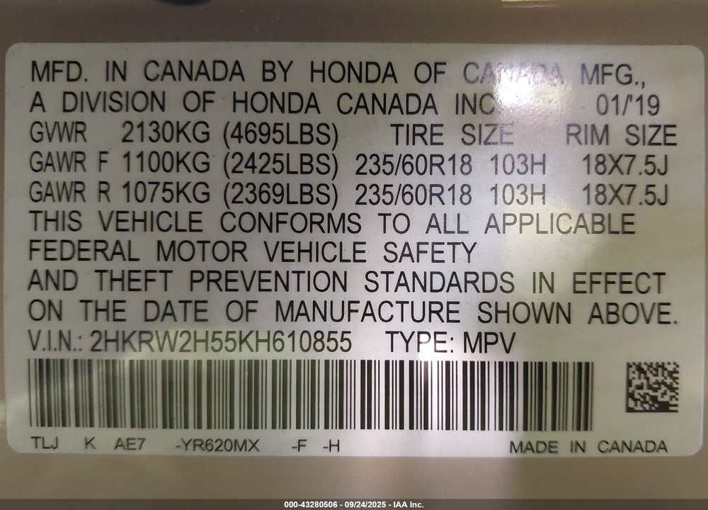 2019 HONDA CR-V VIN: 2HKRW2H55KH610855