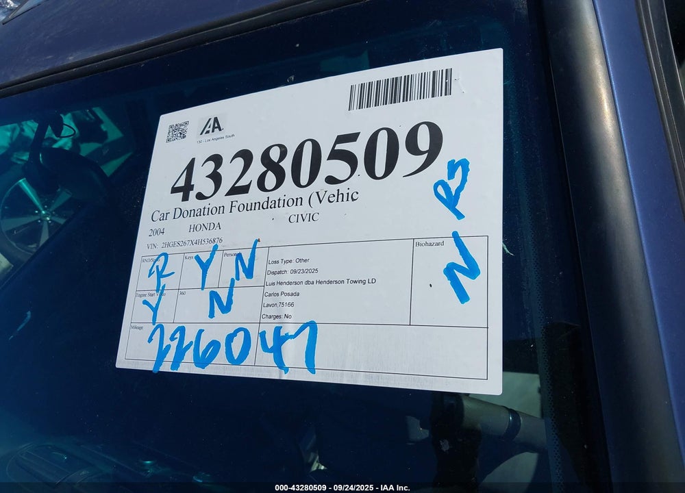 2004 HONDA CIVIC EX VIN: 2HGES267X4H536876